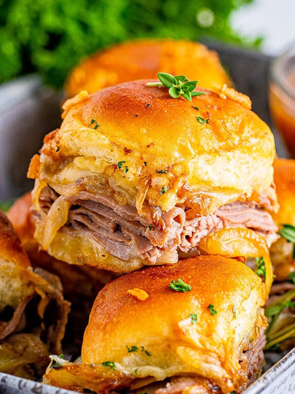 French dip sliders in a serving tray