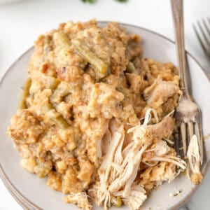 Crockpot chicken and stuffing on a white plate