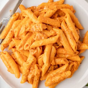 Vodka sauce pasta on a white plate