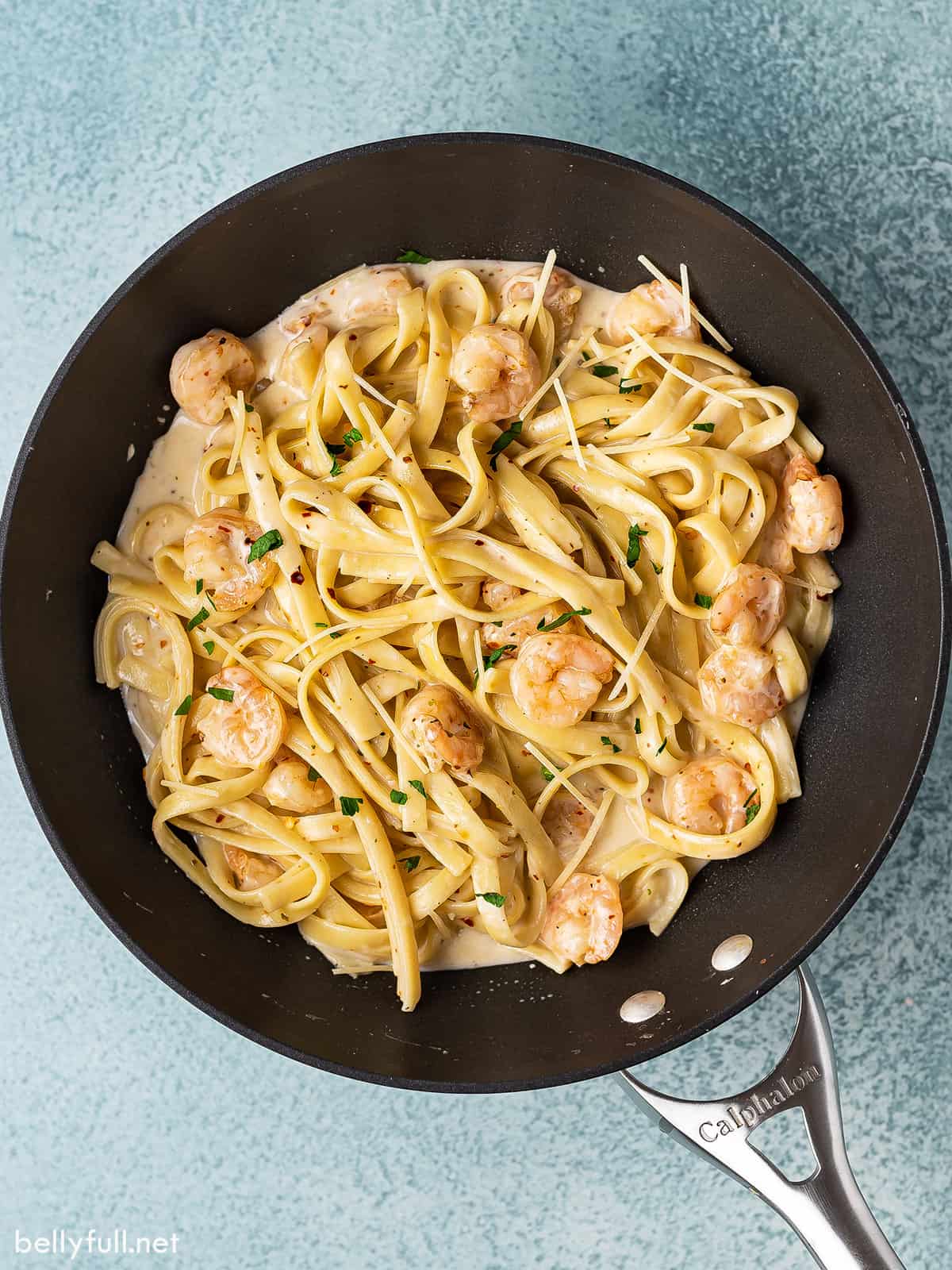 overhead shrimp alfredo in skillet