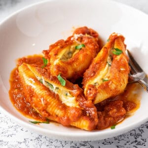 Overhead view of a bowl of stuffed shells