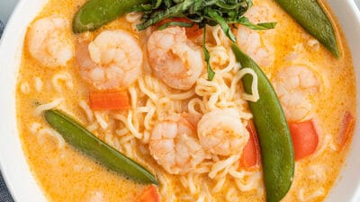 overhead Thai Curry Soup in white bowl