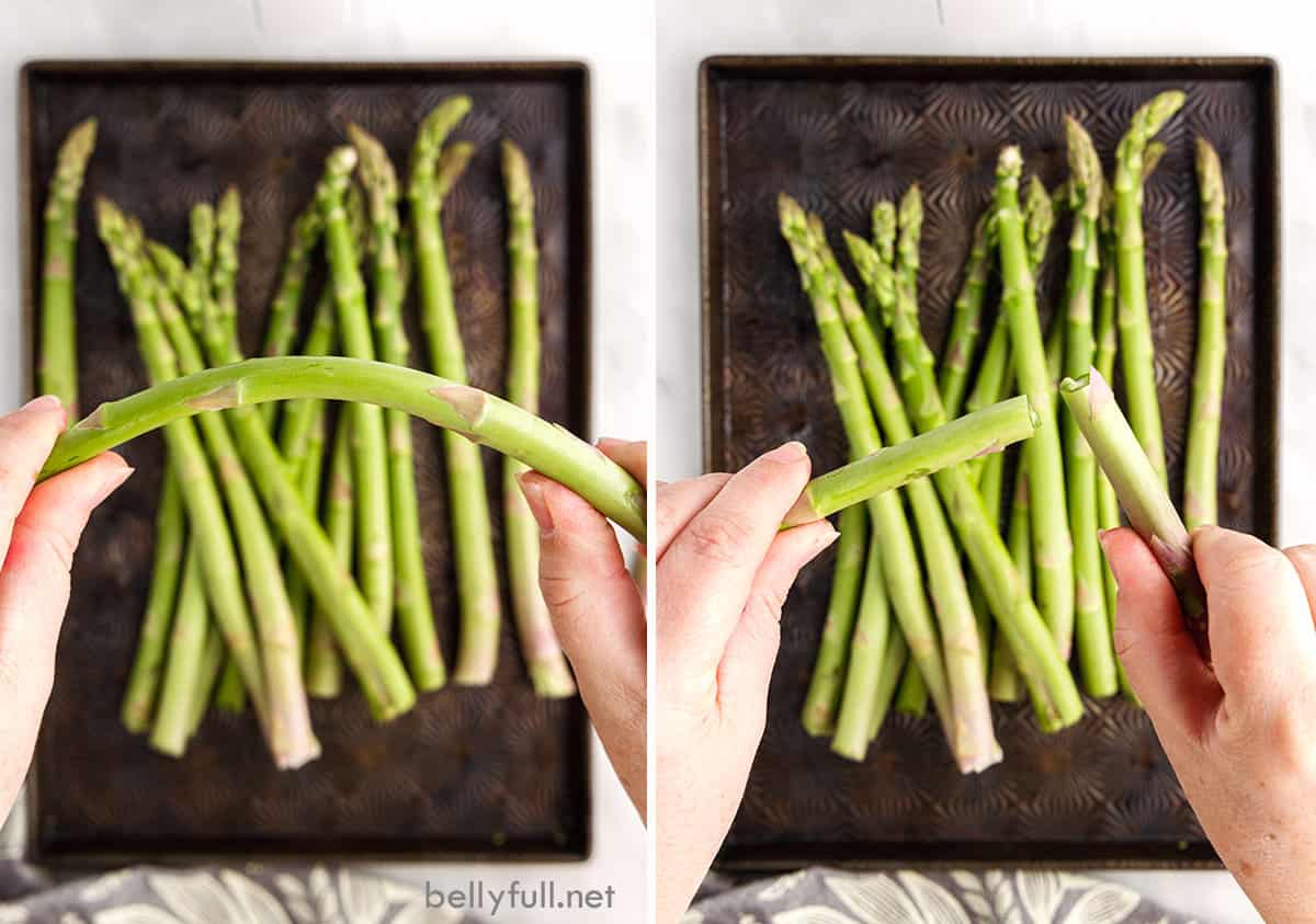 Two photos showing how to snap the ends off of asparagus