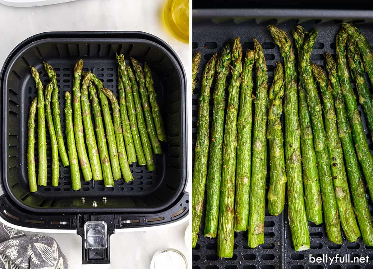 Two images of asparagus in the air fryer