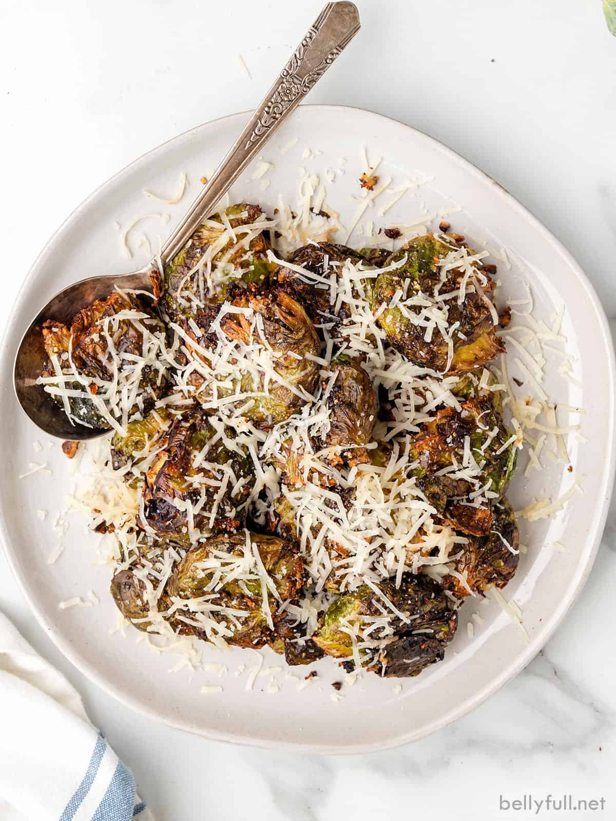 Overhead view of a plate of air fryer brussels sprouts topped with parmesan