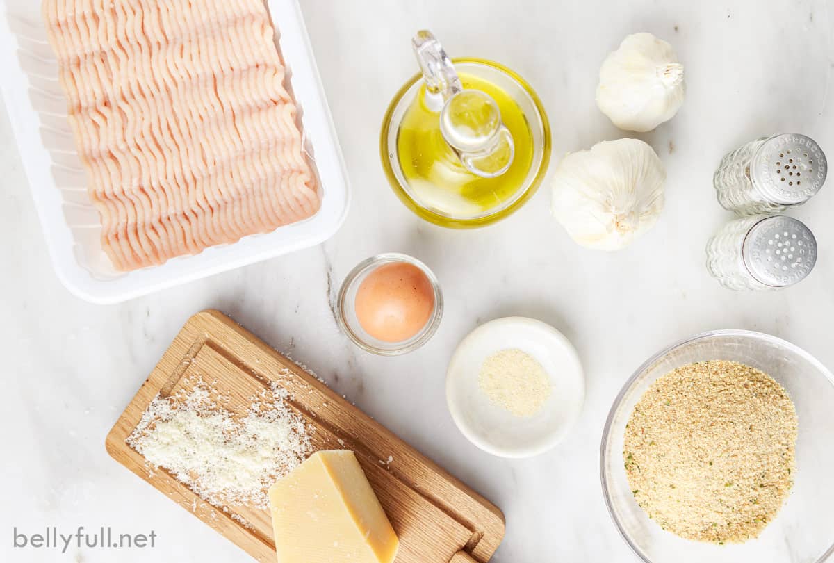 Overhead view of chicken meatball ingredients