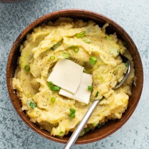 Overhead view of a bowl of colcannon mashed potatoes