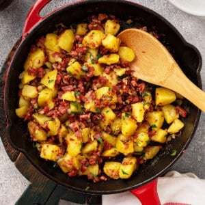overhead corned beef hash in skillet