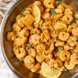 Garlic butter shrimp in a skillet