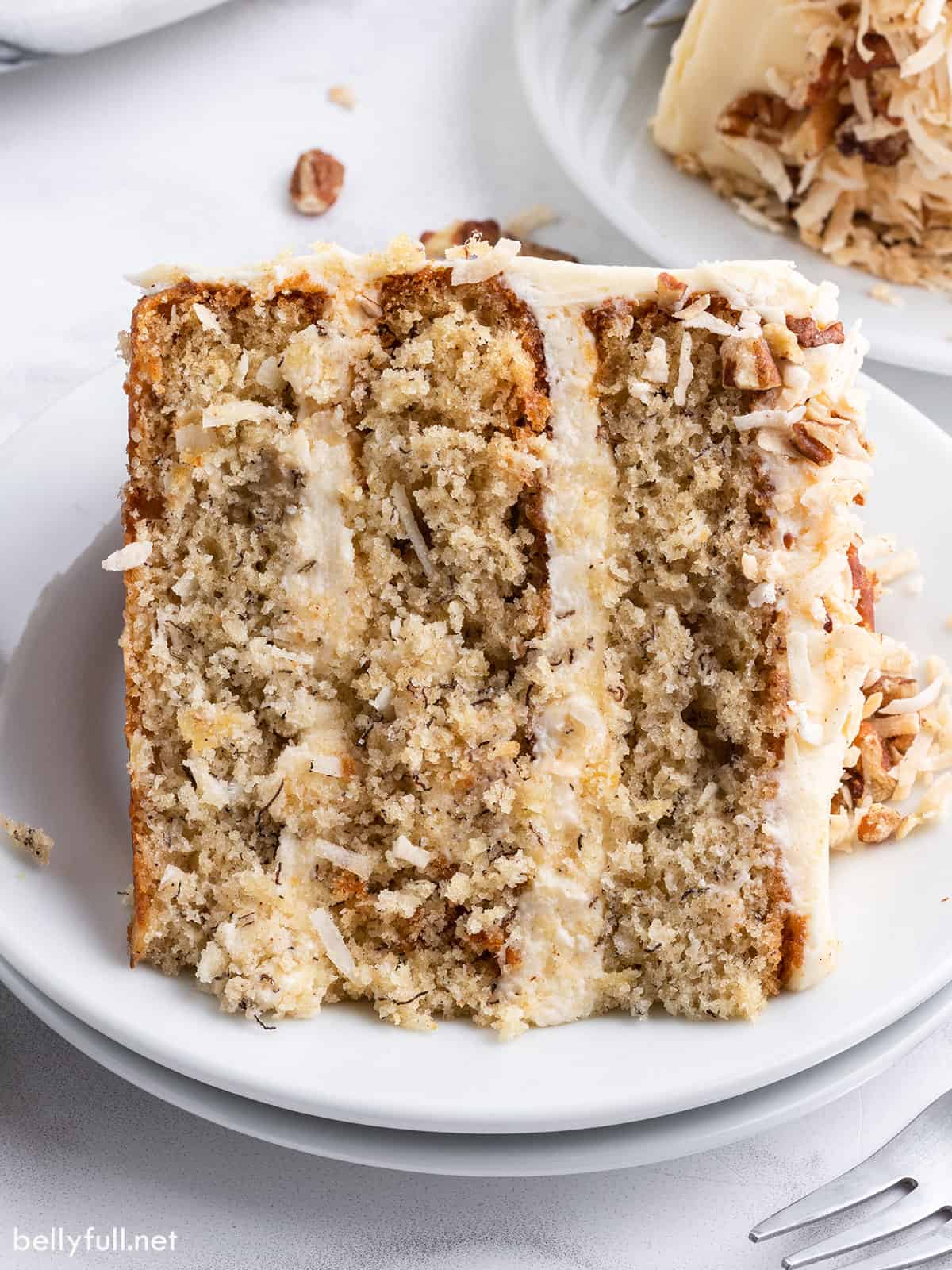 Angled view of a slice of hummingbird cake on a plate