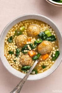 Overhead view of a bowl of Italian wedding soup