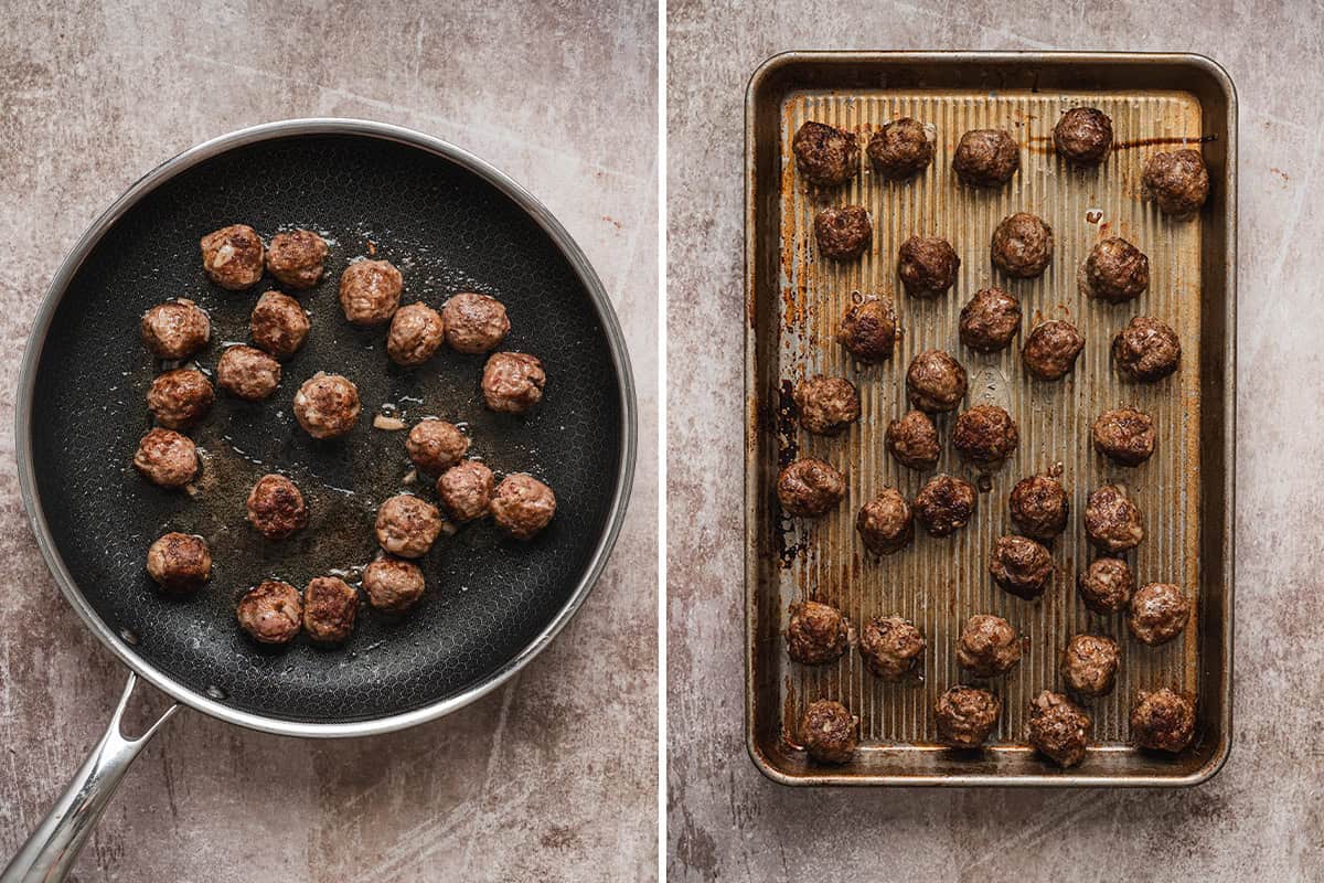 meatballs browning in skillet before baking, next to finished meatballs on a baking tray