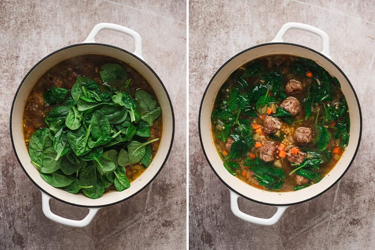 Fresh spinach added to Italian wedding soup before wilting into the broth