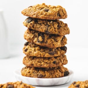A stack of six chewy oatmeal raisin cookies