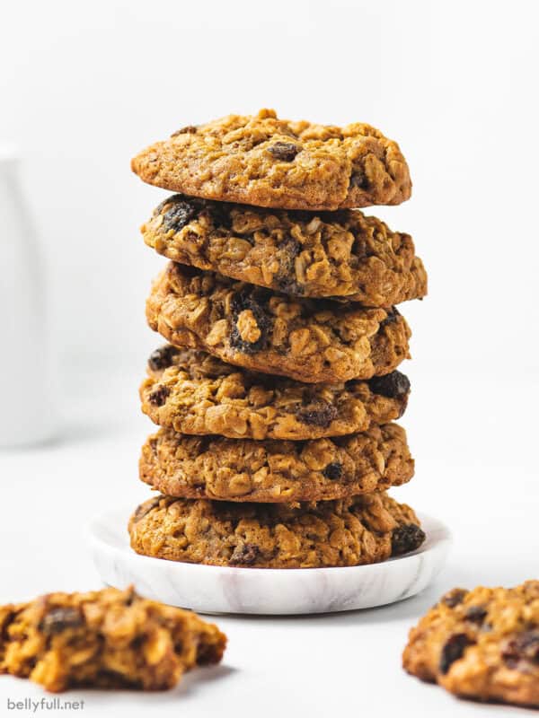 A stack of six chewy oatmeal raisin cookies