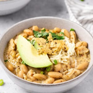 Angled view of white chicken chili