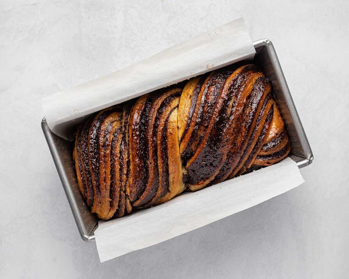 Glazed babka in the loaf pan.