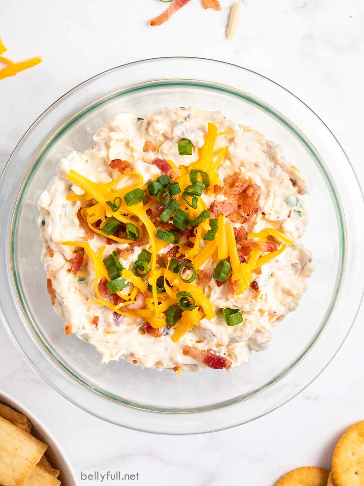 overhead bowl of dip garnished with cheese and scallions