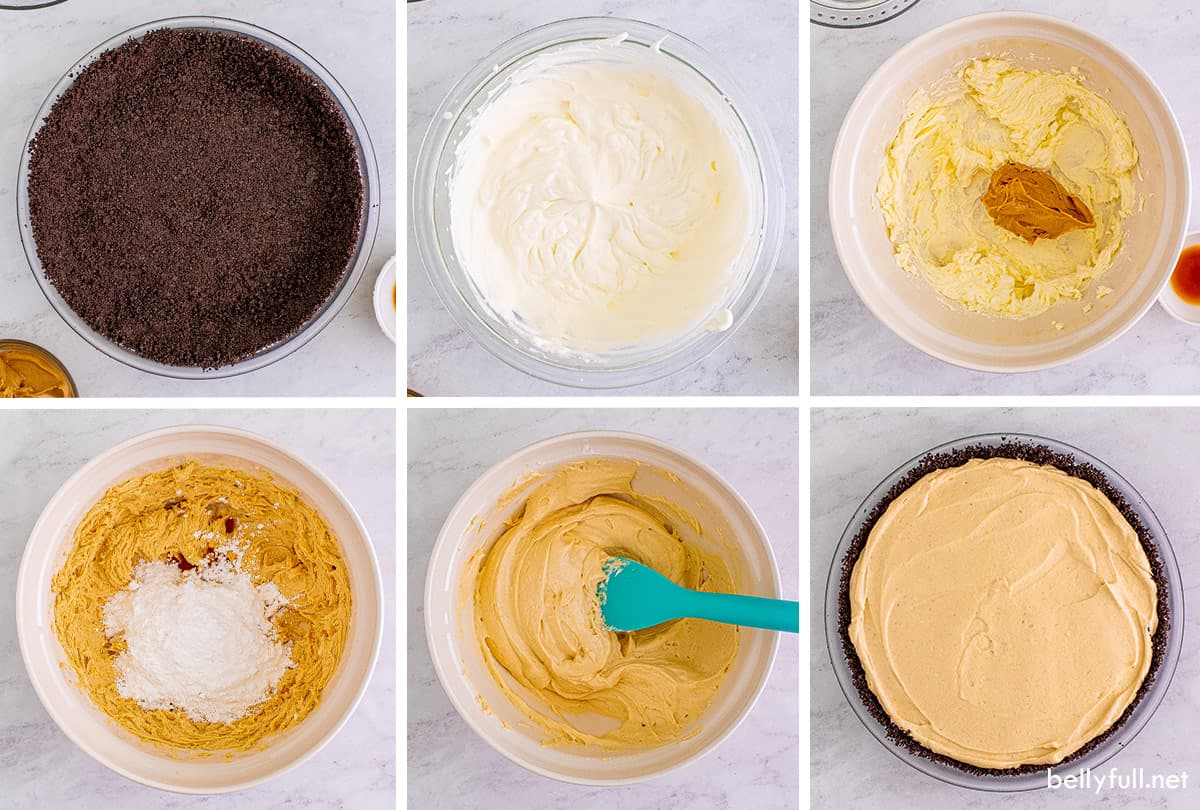 Six process shots of how to make no bake peanut butter pie