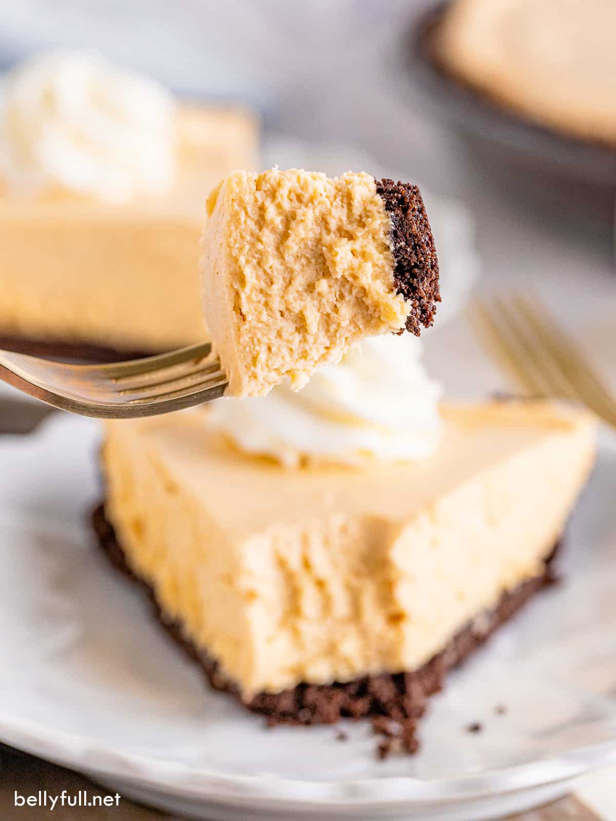 A fork holding a bite of peanut butter pie over the slice