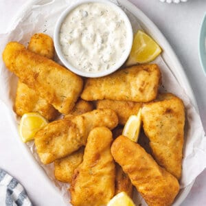 Overhead view of plate of beer battered fish