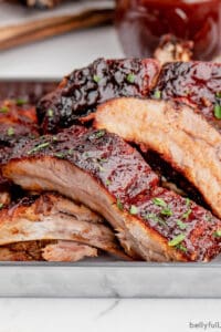 Angled close-up of BBQ baby back ribs