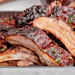 Angled close-up of BBQ baby back ribs
