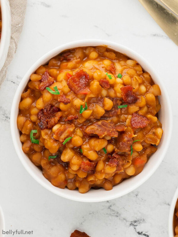 Overhead view of a bowl of Instant Pot baked beans