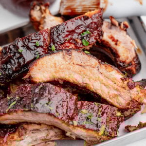 Close-up on a plate of ribs with a dry rib rub