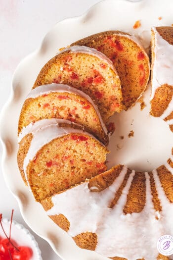 overhead sliced iced bundt shirley temple cake