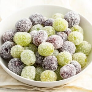 Sugared Prosecco Grapes in white bowl
