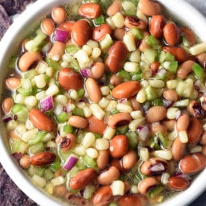 overhead close up Texas Caviar Dip in white bowl