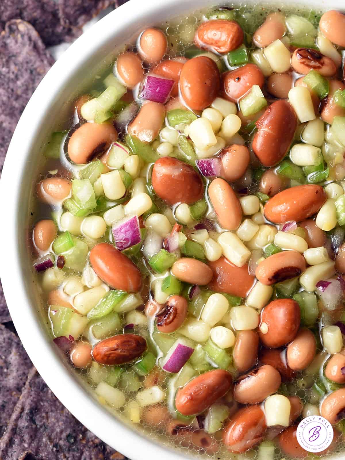 overhead close up Texas Caviar Dip in white bowl
