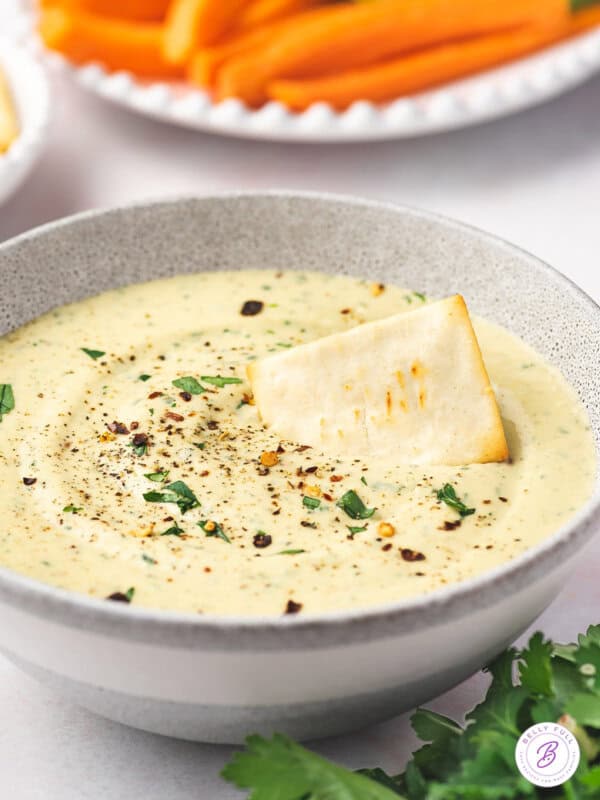 white bean dip with toasted pita chip being dunked
