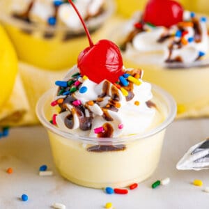 Front view of banana split pudding shots