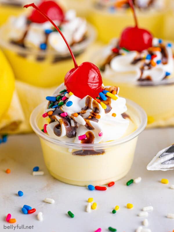 Front view of banana split pudding shots