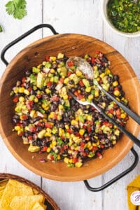 overhead Black Bean and Corn Salsa in wooden serving bowl