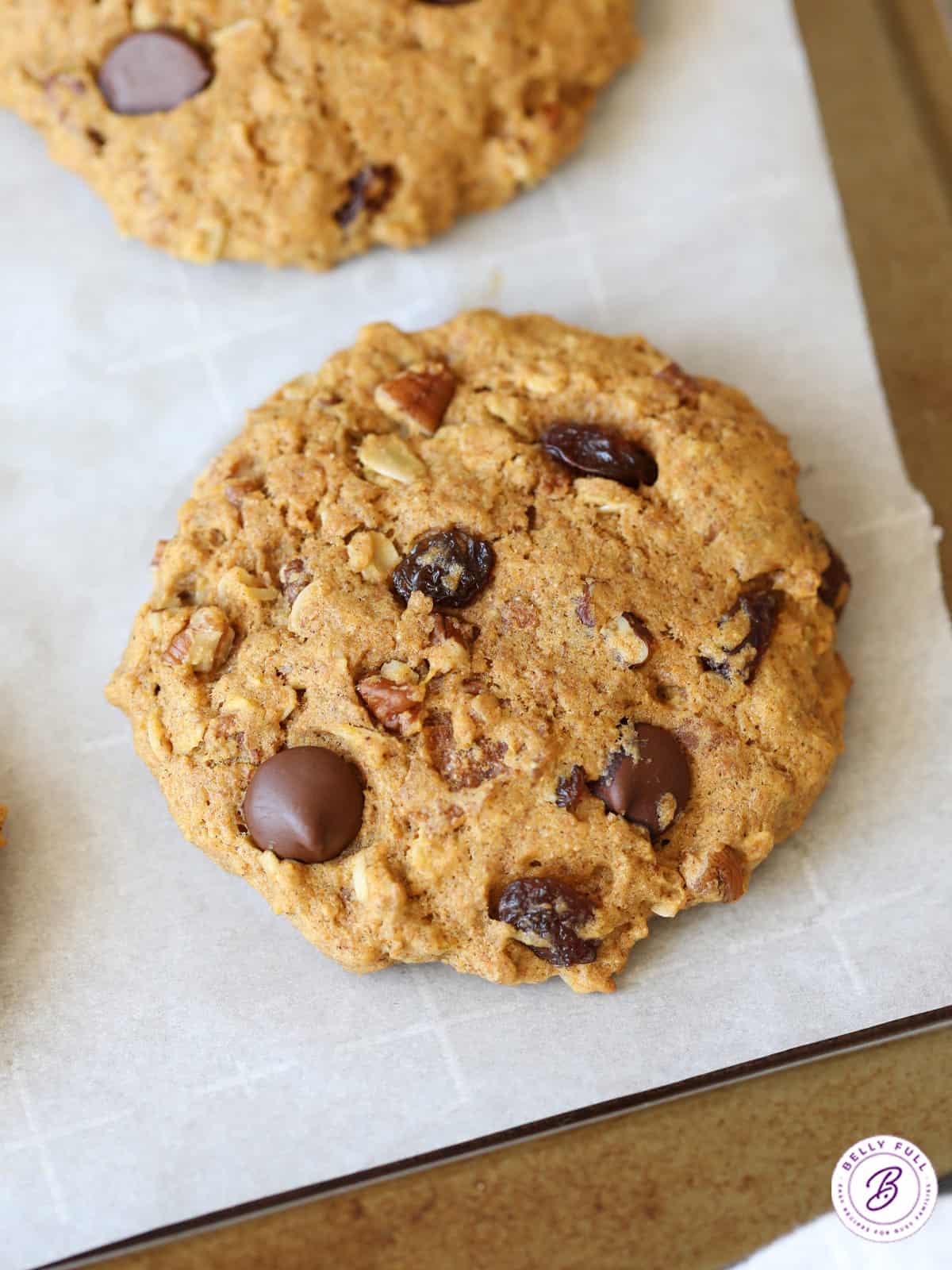 overhead large breakfast cookie on parchment paper