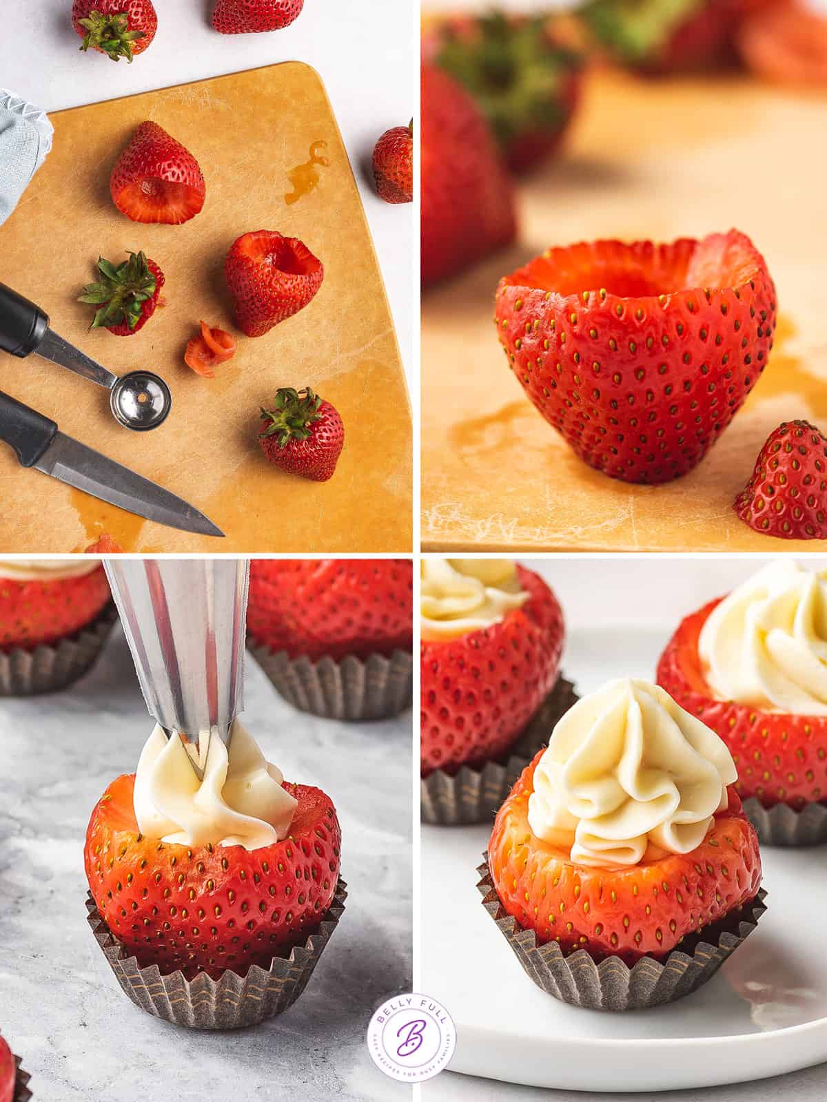 4 image step by step how to make cheesecake stuffed strawberries