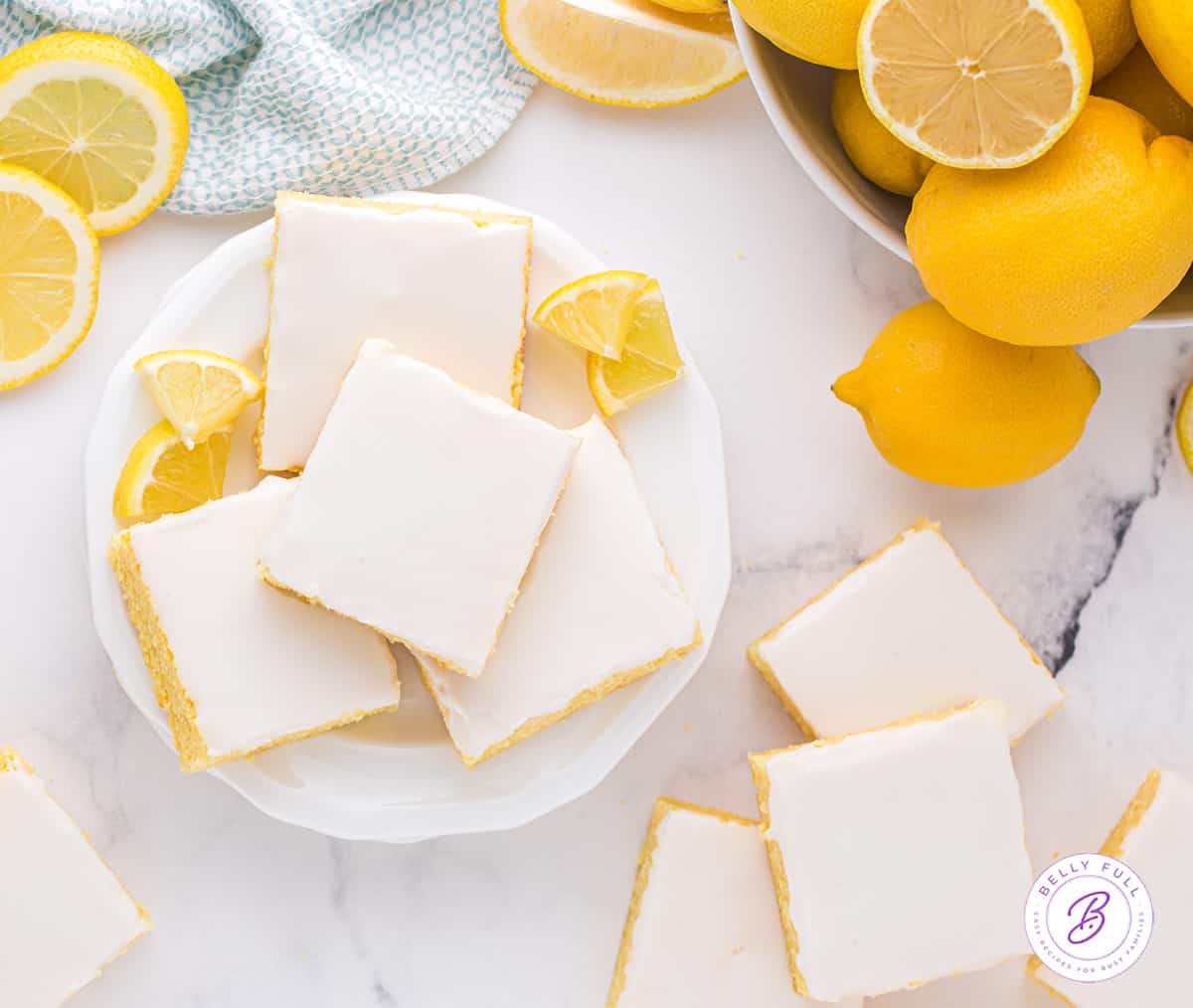 Overhead view of a plate of lemon blondies