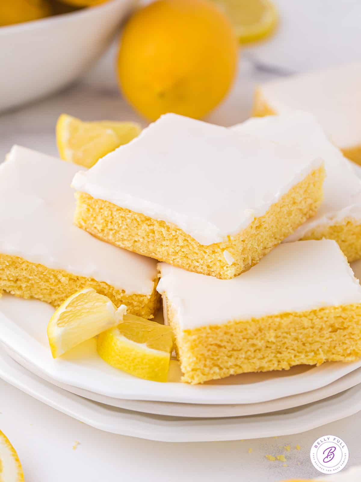 Angled overhead view of a plate of lemon blondies