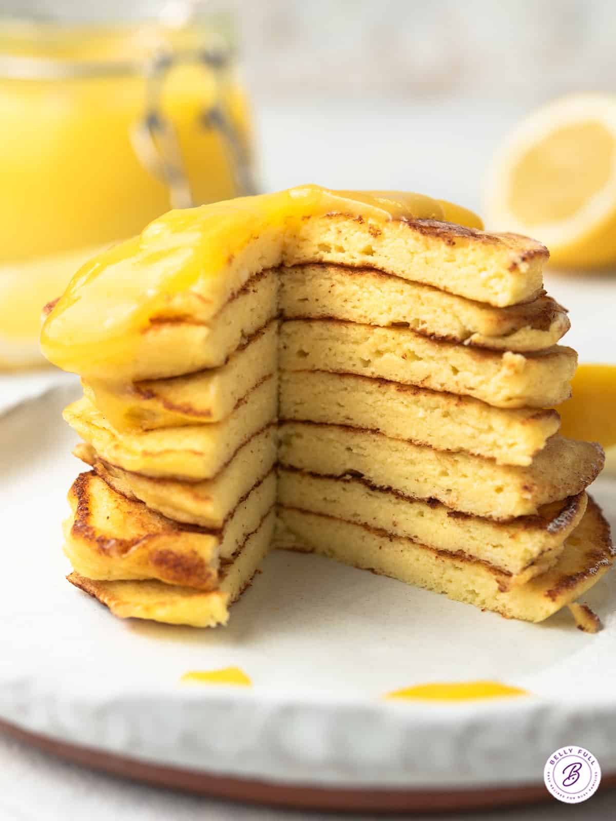 stack of 7 lemon pancakes cut in half