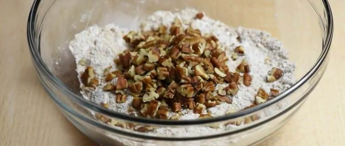 Streusel topping ingredients in a glass bowl. 