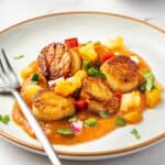 Angled view of a plate of seared scallops with fruit salsa