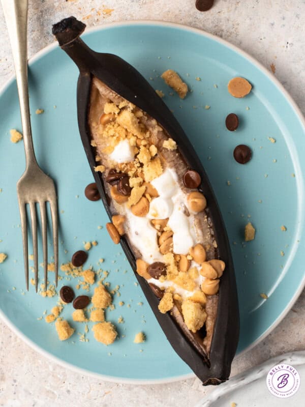 s'mores banana boat on blue plate
