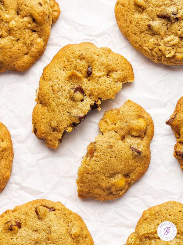 A chocolate chip chickpea cookie split in half