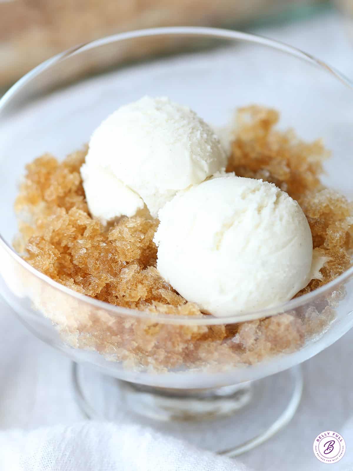 root beer granita with vanilla ice cream in glass bowl