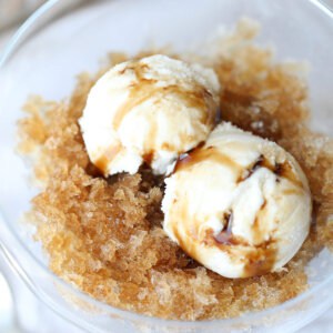 root beer granita with vanilla ice cream in glass bowl