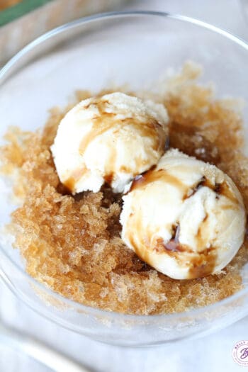 root beer granita with vanilla ice cream in glass bowl