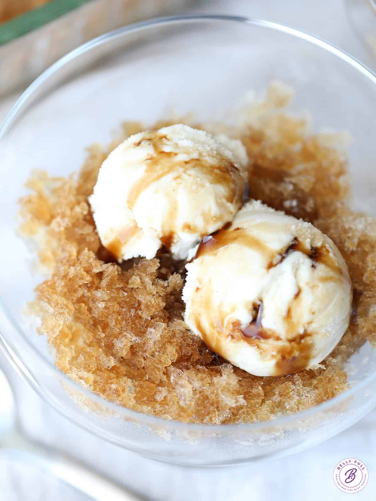 root beer granita with vanilla ice cream in glass bowl